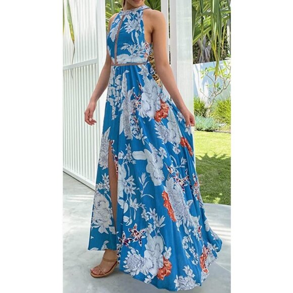 Boho Teal Blue Floral Printed Halter Neck Cut Out Flowy Long A-Line Maxi Dress - Picture 1 of 7